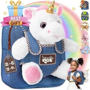 Naturally Kids Denim Toddler Backpack with Detachable White Plush Unicorn Toy